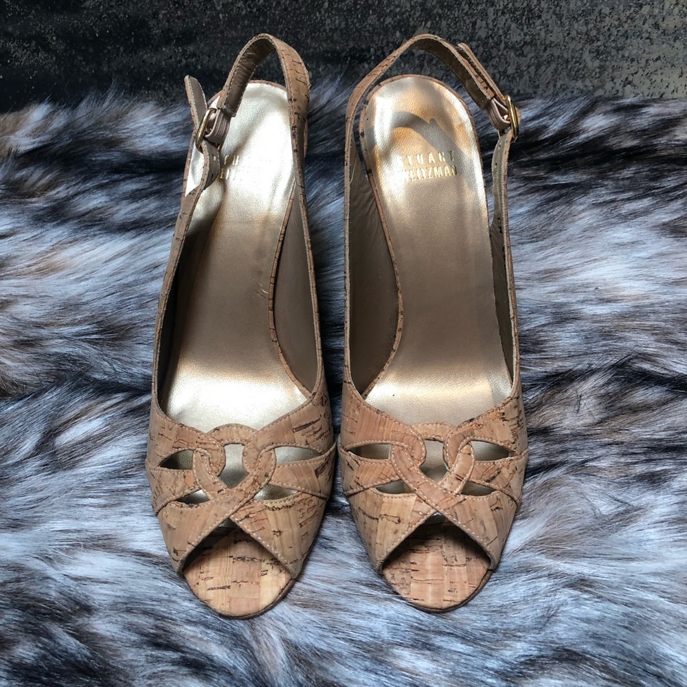 Stuart Weitzman Loopy Cork Open Toe Slingbacks